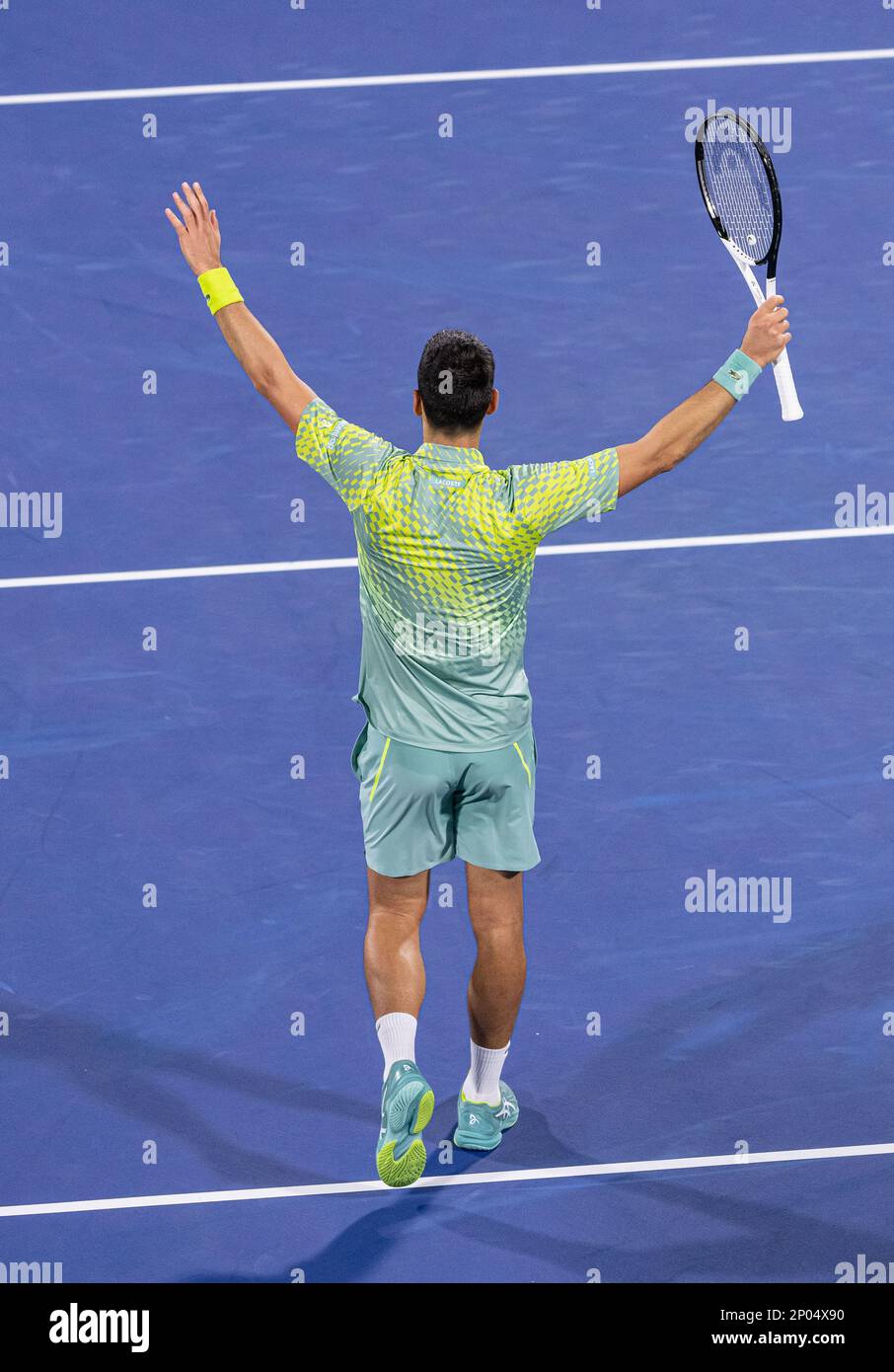 Dubai, United Arab Emirates. March 02, 2023, Dubai, United Arab Emirates.  March 02, 2023 Novak Djokovic of Serbia celebrates victory over Hubert  Hurkacz of Poland during their ATP 500 Dubai Duty Free