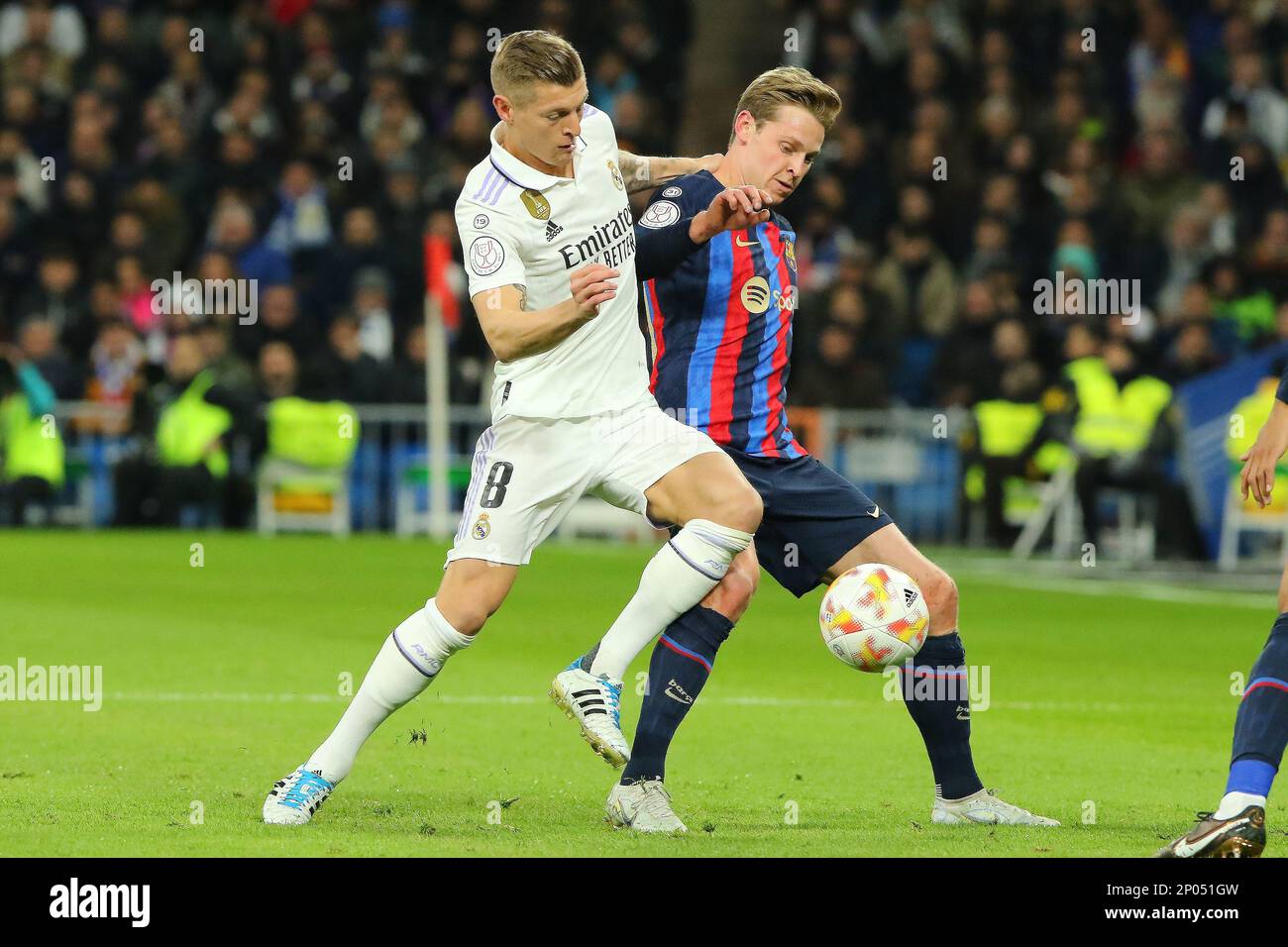 Madrid, Spain, on March 2, 2023. Real Madrid´s Toni Kroos (L) and Barcelona´s F.De Jong (R) in action during Copa del Rey Semifinal Match between Real Madrid and FC Barcelona at Santiago Bernabeu Stadium in Madrid, Spain, on March 2, 2023. Stock Photo