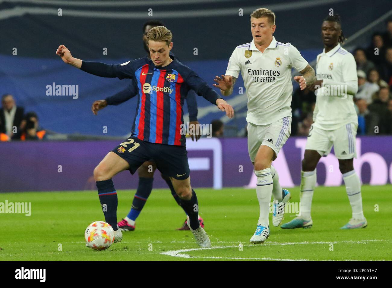 Madrid, Spain, on March 2, 2023. Barcelona´s F.De Jong (L) and Real Madrid´s Toni Kroos (R) in action during Copa del Rey Semifinal Match between Real Madrid and FC Barcelona at Santiago Bernabeu Stadium in Madrid, Spain, on March 2, 2023. Stock Photo