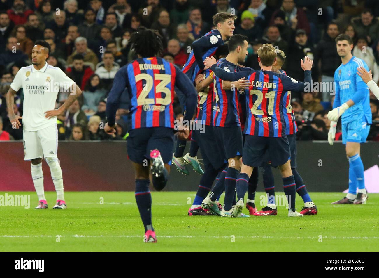 Madrid, Spain. 01st Mar, 2023. Barcelona´s players celebrate during Copa del Rey Semifinal Match between Real Madrid and FC Barcelona at Santiago Bernabeu Stadium in Madrid, Spain, on March 2, 2023. (Photo by Edward F. Peters/Sipa USA) Credit: Sipa USA/Alamy Live News Stock Photo