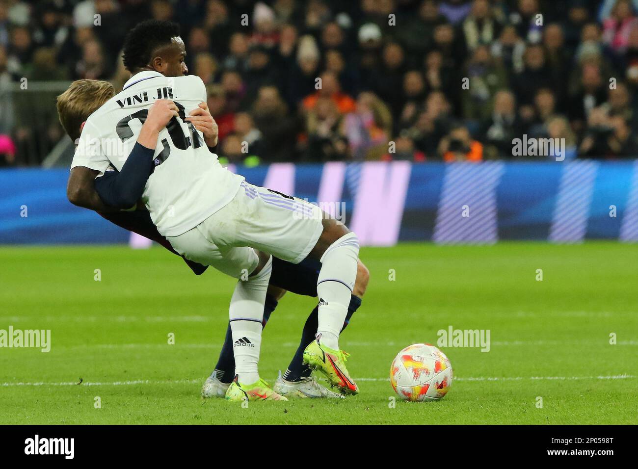 Madrid, Spain. 01st Mar, 2023. Real Madrid´s Vinícius Júnior gets a hug during Copa del Rey Semifinal Match between Real Madrid and FC Barcelona at Santiago Bernabeu Stadium in Madrid, Spain, on March 2, 2023. (Photo by Edward F. Peters/Sipa USA) Credit: Sipa USA/Alamy Live News Stock Photo