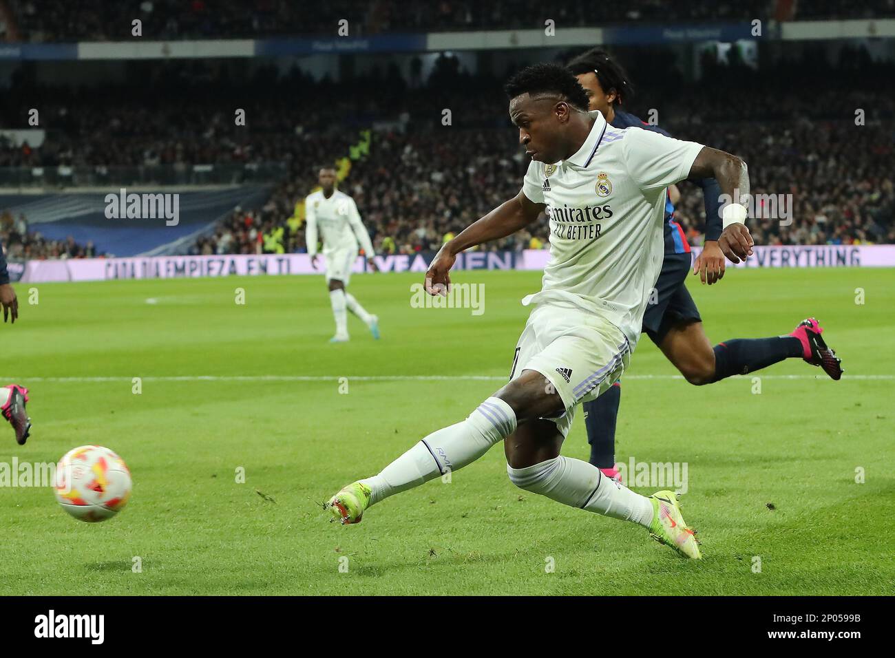 Madrid, Spain. 01st Mar, 2023. Real Madrid´s Vinícius Júnior in action during Copa del Rey Semifinal Match between Real Madrid and FC Barcelona at Santiago Bernabeu Stadium in Madrid, Spain, on March 2, 2023. (Photo by Edward F. Peters/Sipa USA) Credit: Sipa USA/Alamy Live News Stock Photo