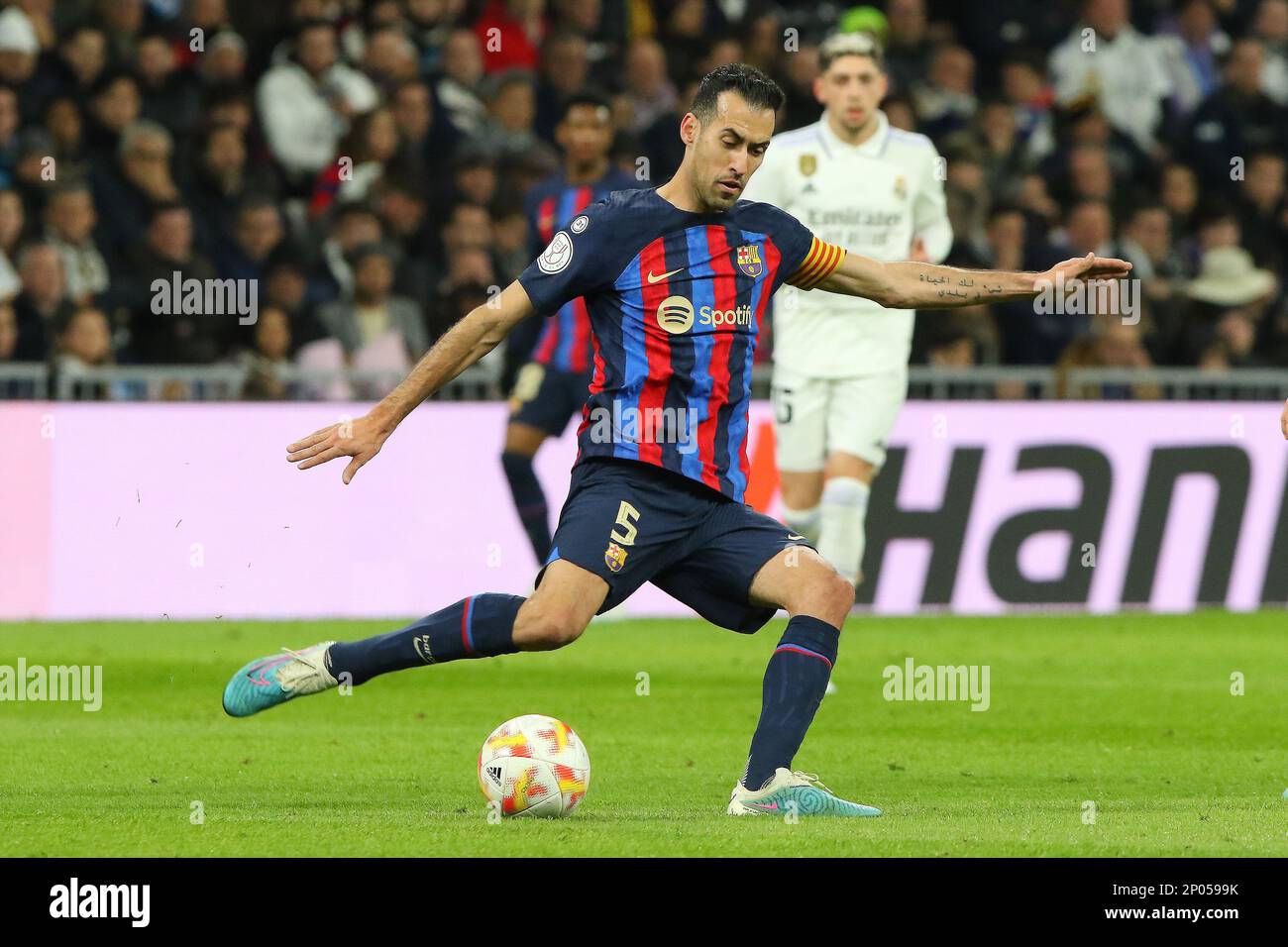 Madrid, Spain. 01st Mar, 2023. Barcelona´s S.Busquets in action during Copa del Rey Semifinal Match between Real Madrid and FC Barcelona at Santiago Bernabeu Stadium in Madrid, Spain, on March 2, 2023. (Photo by Edward F. Peters/Sipa USA) Credit: Sipa USA/Alamy Live News Stock Photo