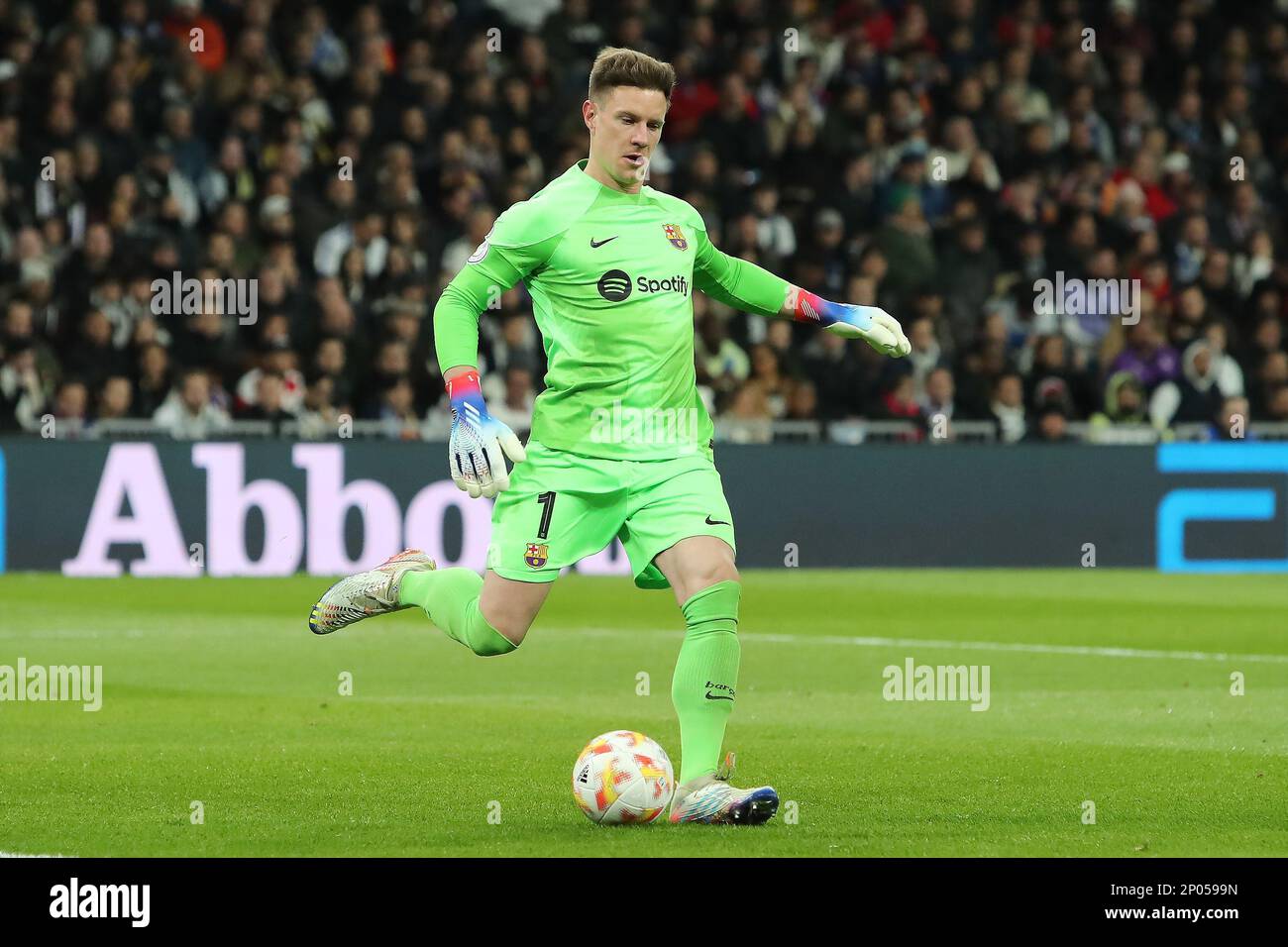 Madrid, Spain. 01st Mar, 2023. Barcelona´s Ter Stegen in action during Copa del Rey Semifinal Match between Real Madrid and FC Barcelona at Santiago Bernabeu Stadium in Madrid, Spain, on March 2, 2023. (Photo by Edward F. Peters/Sipa USA) Credit: Sipa USA/Alamy Live News Stock Photo
