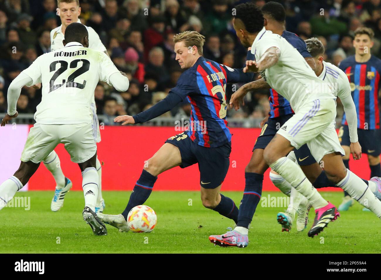 Madrid, Spain. 01st Mar, 2023. Barcelona´s F.De Jong (C) in action during Copa del Rey Semifinal Match between Real Madrid and FC Barcelona at Santiago Bernabeu Stadium in Madrid, Spain, on March 2, 2023. (Photo by Edward F. Peters/Sipa USA) Credit: Sipa USA/Alamy Live News Stock Photo