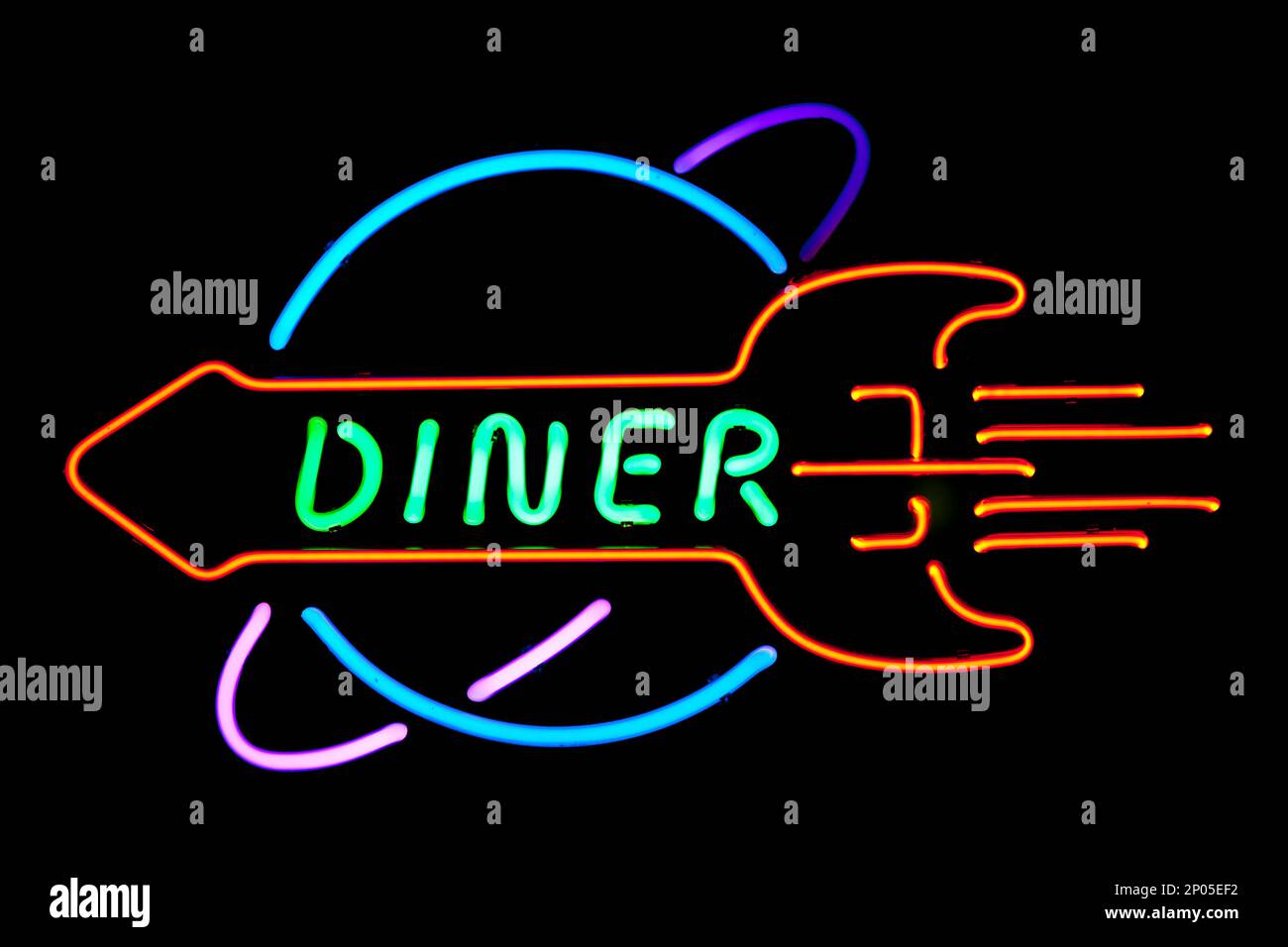 Close-up on a colorful diner neon light. Stock Photo