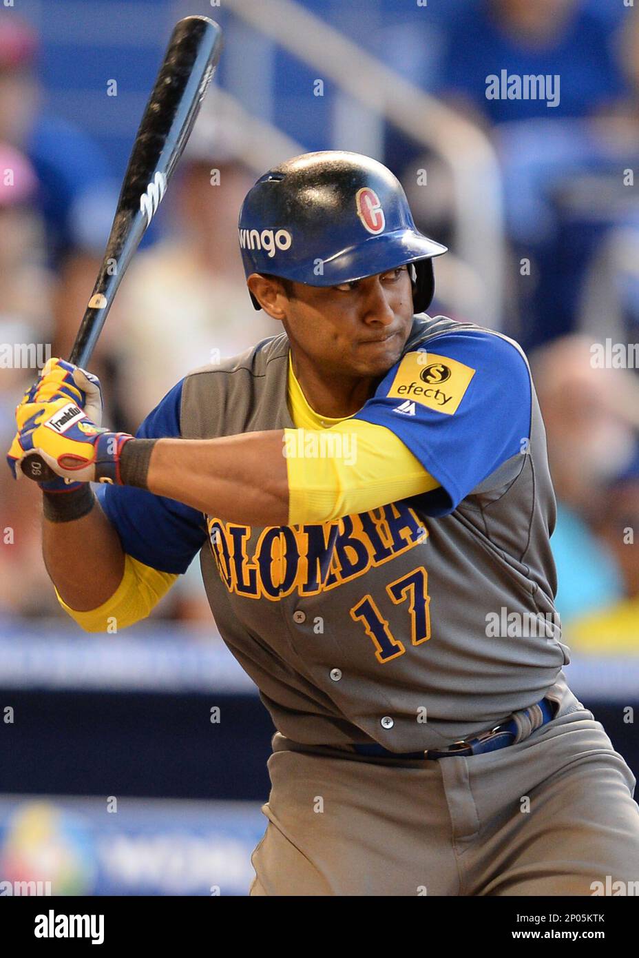 MIAMI, FL - MARCH 11: Colombia infielder Donovan Solano (17) at bat during  a game of the WBC between the Canada and the Colombia in Marlins Park,  Miami, FL. (Photo by Juan