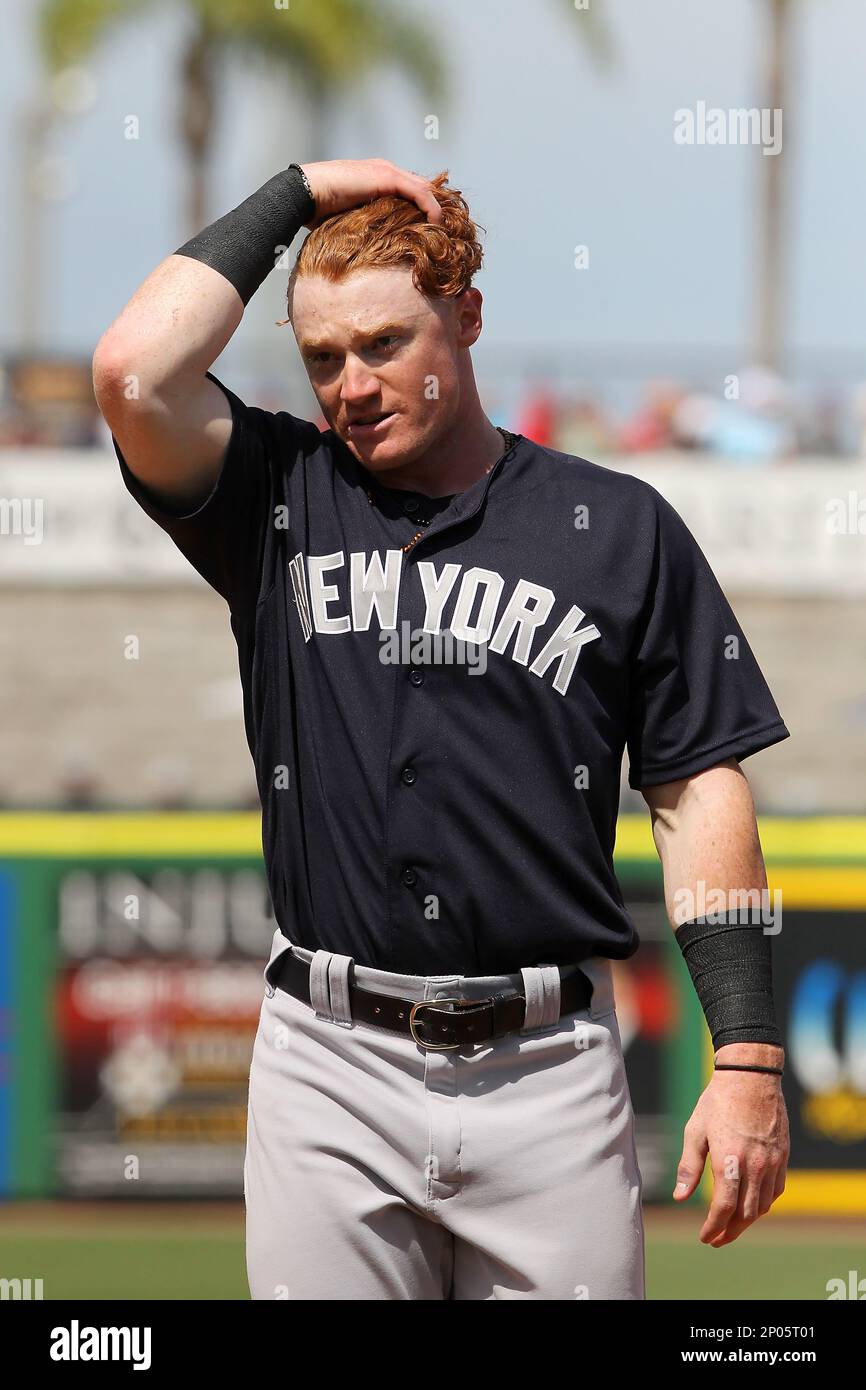 CLEARWATER, FL - MARCH 10: Clint Frazier (75) of the Yankees runs his hand  thru his newly cut hair during the spring training game between the Toronto  Blue Jays and the Philadelphia