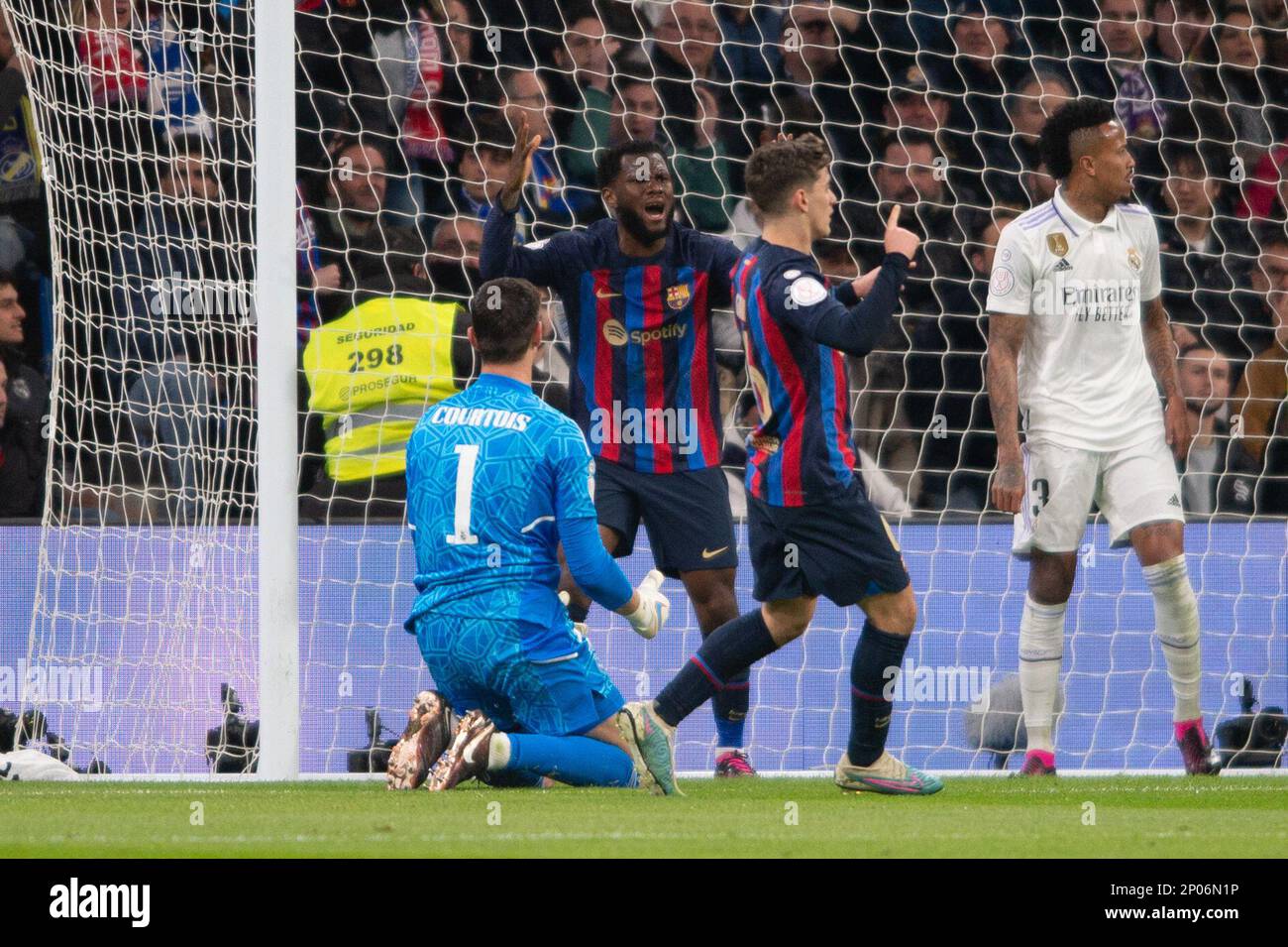 2nd March 2023;  Santiago Bernabeu Stadium,  Madrid, Spain, Spanish Copa del Rey Football, Real Madrid versus FC Barcelona; Kessie scores the opening goal from a deflection and own goal from Milit&#xe3;o for 0-1 in the 26th minute Stock Photo