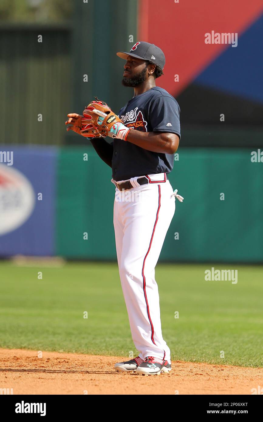 LAKE BUENA VISTA, FL - FEBRUARY 28: Brandon Phillips (4) of the Braves  playing defense during the spring training game between the St. Louis  Cardinals and the Atlanta Braves on February 28,
