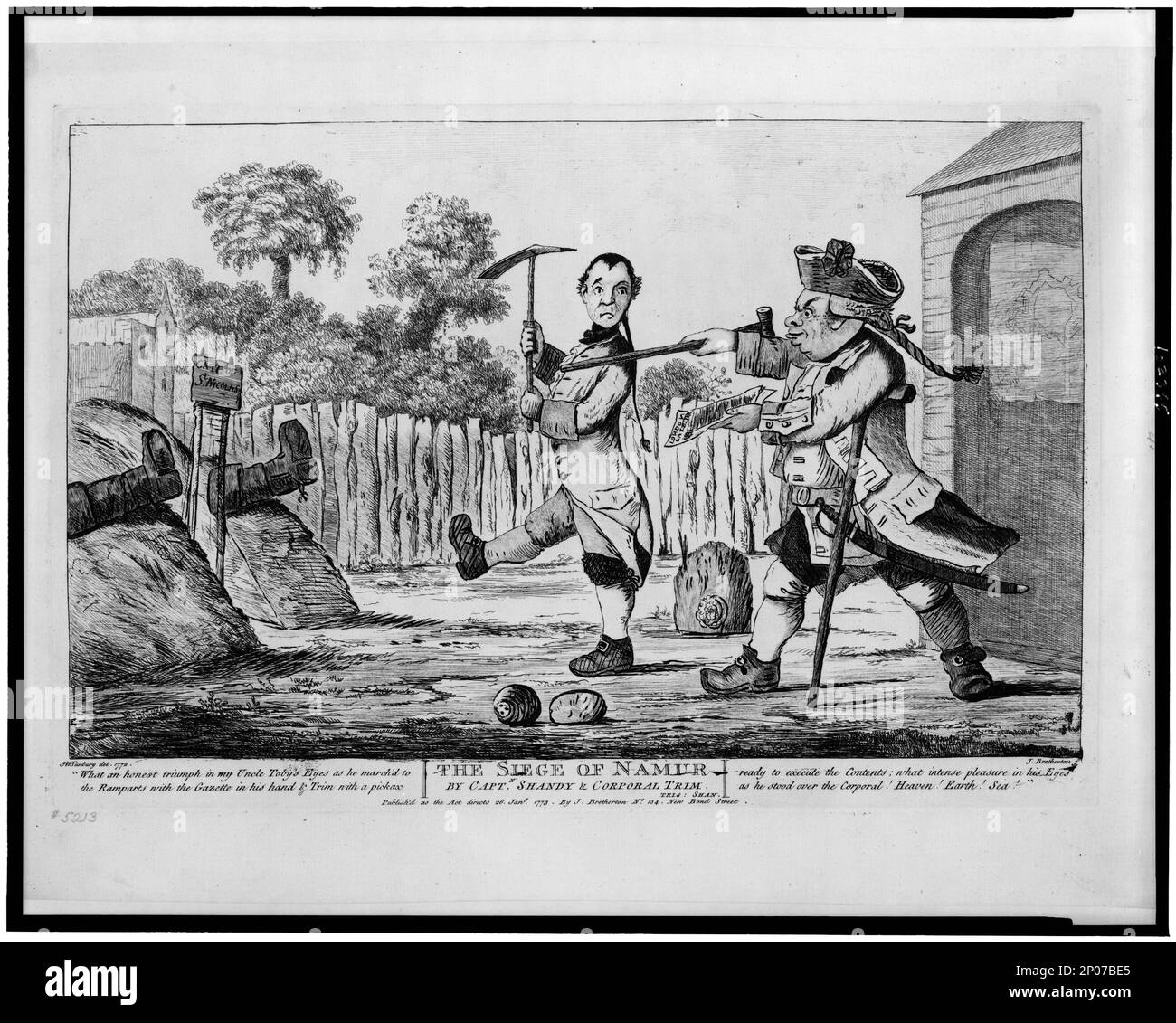 The siege of Namur by Captn. Shandy & Corporal Trim. Tris: Shan.   H.W. Bunbury, del., 1772 ; J. Bretherton, f.. British cartoon Prints collection . Sterne, Laurence,1713-1768,Life and opinions of Tristram Shandy, gentleman. Stock Photo