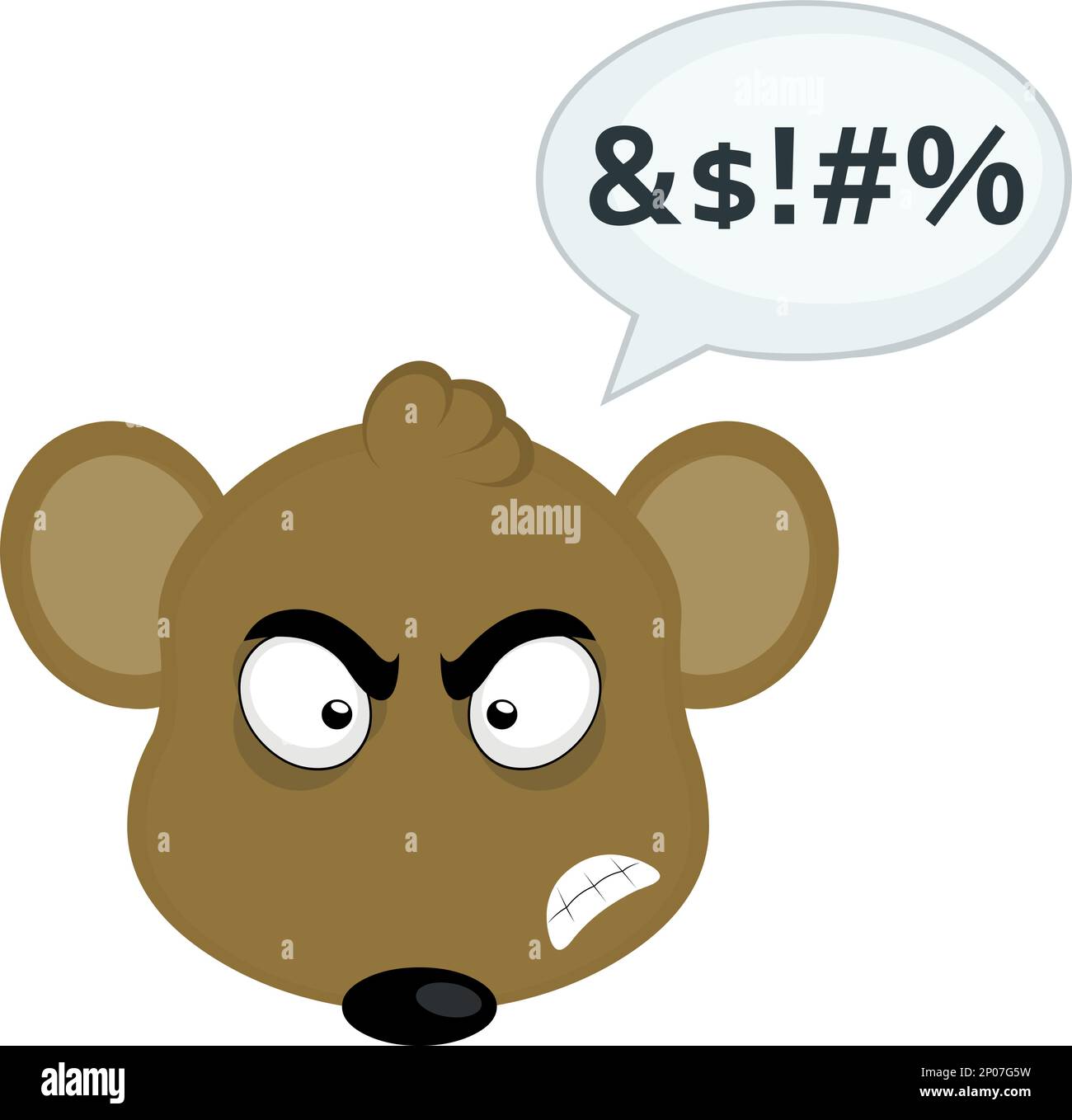 vector illustration face of a brown cartoon mouse, with an angry expression and a speech bubble with an insulting text Stock Vector