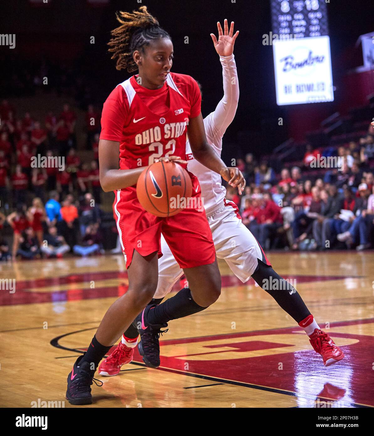 Rutgers' guard/forward Kandiss Barber (22) gets pressure from Ohio State's  forward Alexa Hart (22) at the Louis Brown Athletic Center in Piscataway,  New Jersey. The Ohio State Buckeyes defeated Rutgers Scarlet Knights