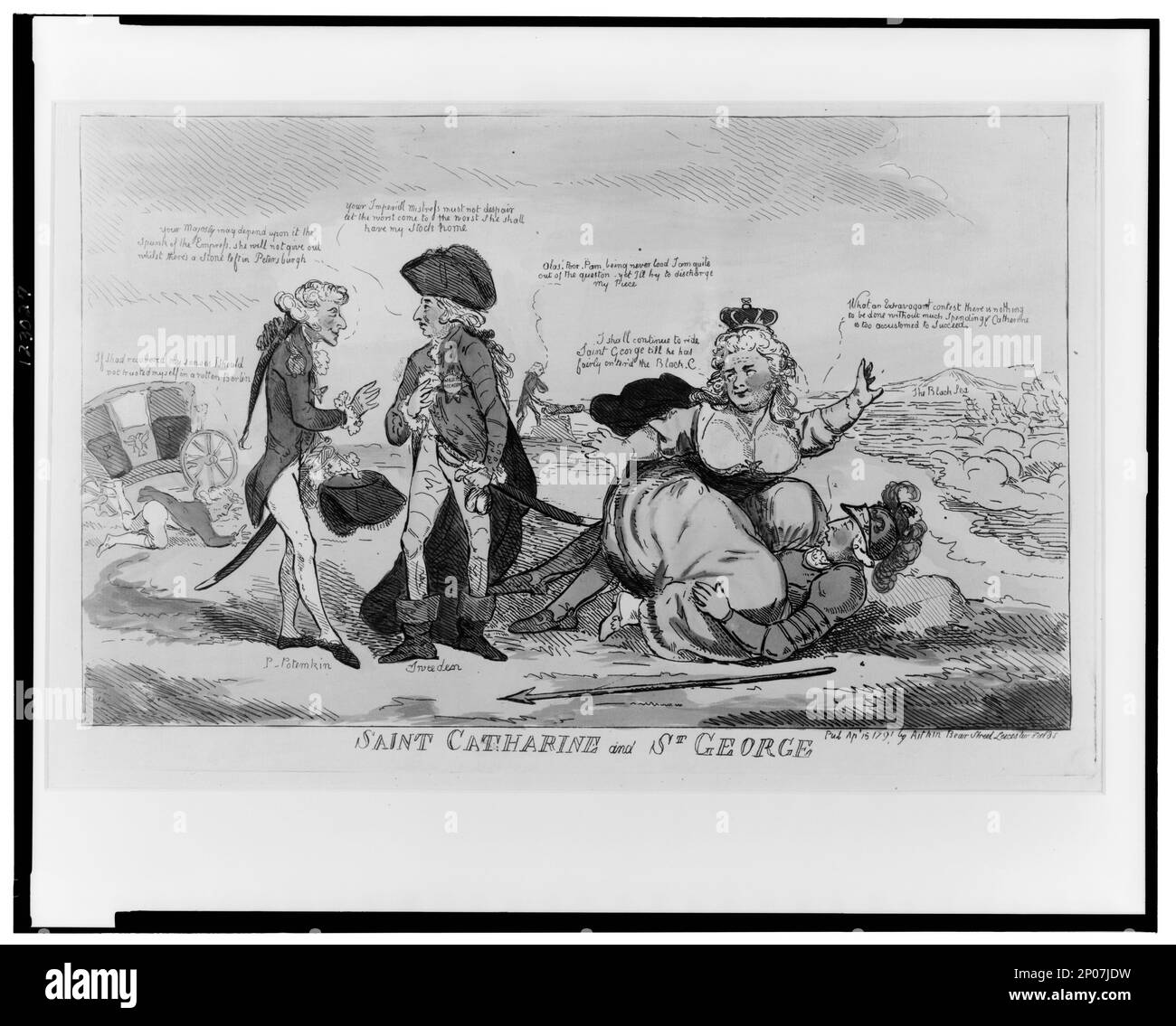 Saint Catharine and St. George. British Cartoon Prints Collection , Exhibit loan 4161-L, NOS, 2007-06 (Not in A, B, C size). Catherine,II,Empress of Russia,1729-1796. , Potemkin, Grigori? Aleksandrovich,kni?a?z?,1739-1791. , George,III,King of Great Britain,1738-1820. , George,Saint,-303. , Relations between the sexes,1790-1800. Stock Photo