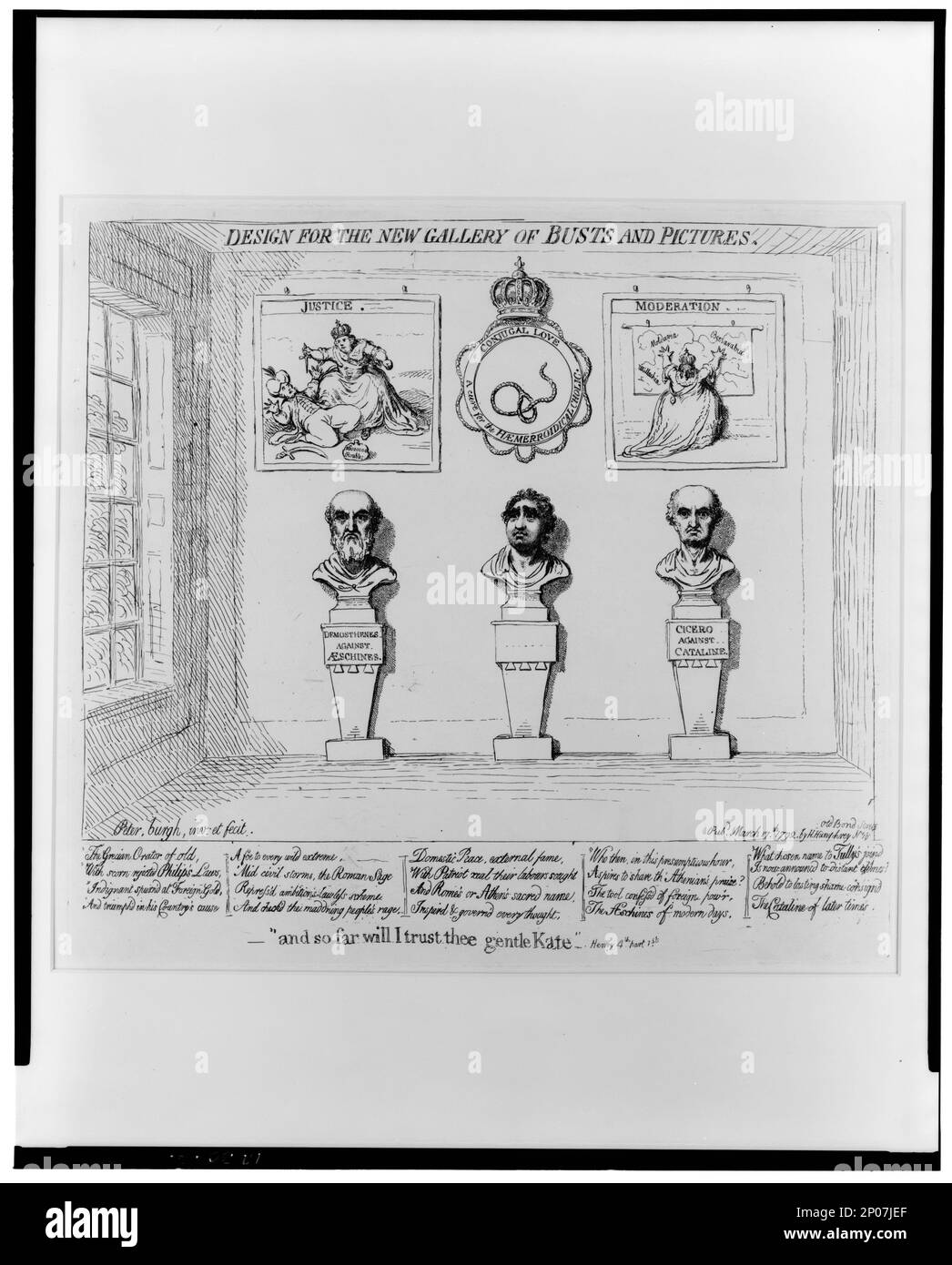 Design for the new gallery of busts and pictures -'and so far will I trust thee gentle Kate' -Henry 4th, part 1st     Peter,burgh, inv. et fecit.. Forms part of British Cartoon Prints Collection , Catalogue of prints and drawings in the British Museum. Division I, political and personal satires, v. 6, no. 8072, Exhibit loan 4161-L. Catherine,II,Empress of Russia,1729-1796. , Fox, Charles James,1749-1806. , Demosthenes. , Cicero, Marcus Tullius. , Galleries & museums,1790-1800. , International relations,Russia,1790-1800. , International relations,Great Britain,1790-1800. Stock Photo