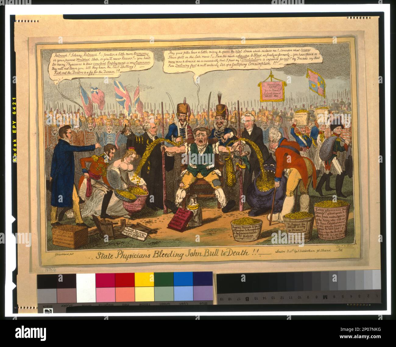 State physicians bleeding John Bull to death!!   G. Cruikshank fect. ; Invd. by Yedis.. British Cartoon Prints Collection , Catalogue of prints and drawings in the British Museum. Division I, political and personal satires, v. 9, no. 12756. Vansittart, Nicholas,1766-1851. , Castlereagh, Robert Stewart,Viscount,1769-1822. , Brougham and Vaux, Henry Brougham,Baron,1778-1868. , George,IV,King of Great Britain,1762-1830. , John Bull (Symbolic character),1810-1820. , Taxes,England,1810-1820. , Military personnel,England,1810-1820. Stock Photo
