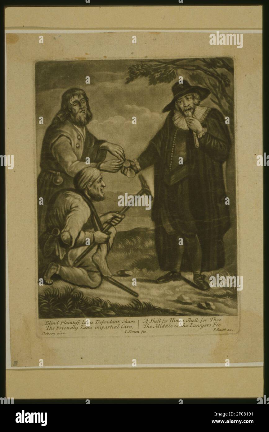 Blind plaintiff, lame defendant share ...   Dobson pinx. ; I. Simon fec. ; I. Smith ex.. British Cartoon Prints Collection . Handicapped persons,Great Britain,1700-1740. , Lawyers,Great Britain,1700-1740. , Law & legal affairs,Great Britain,1700-1740. Stock Photo