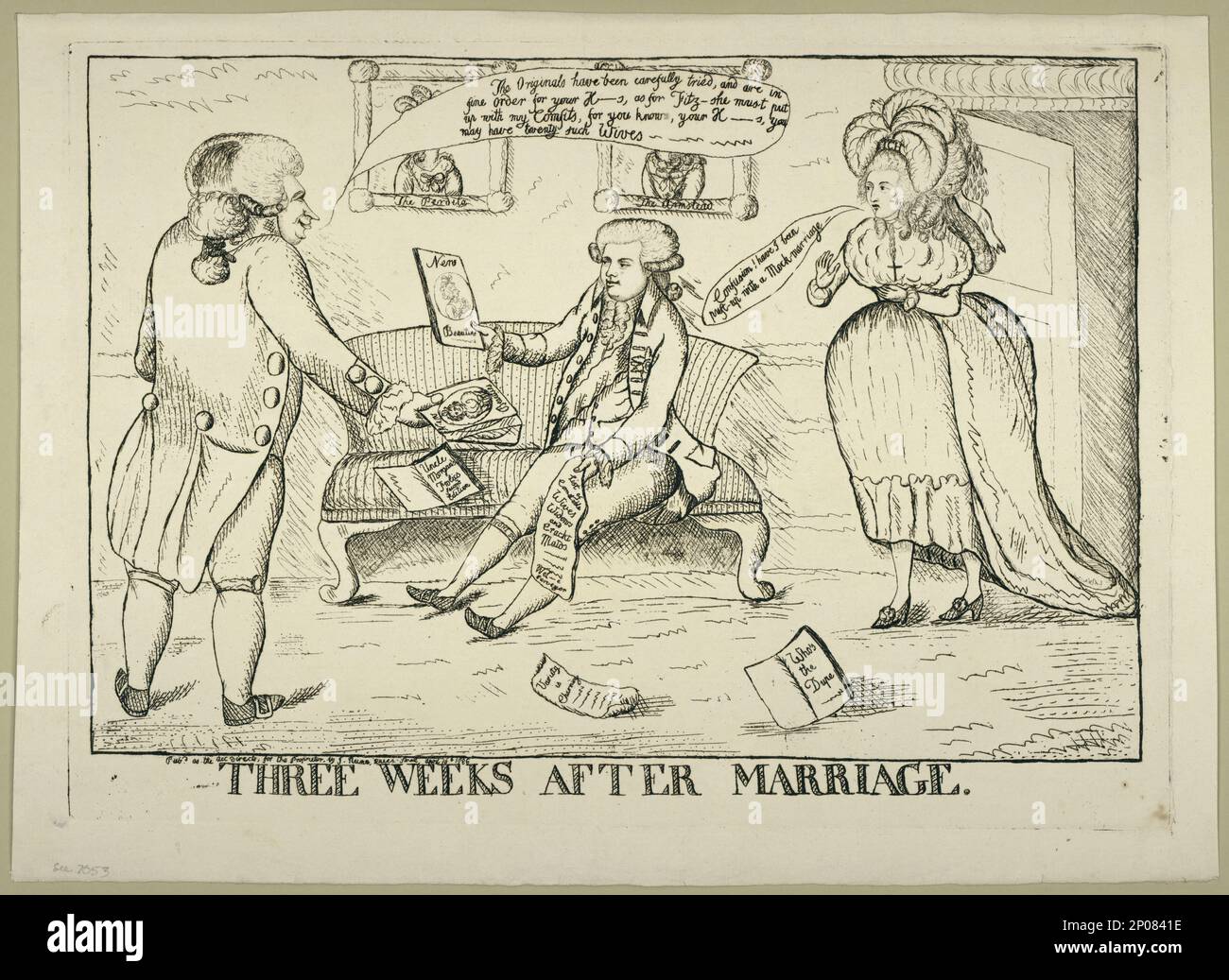 Three weeks after marriage. British Cartoon Prints Collection . George,IV,King of Great Britain,1762-1830. , Fitzherbert, Maria Anne,1756-1837. , Robinson, Mary,1758-1800. , Relations between the sexes,England,1780-1790. Stock Photo
