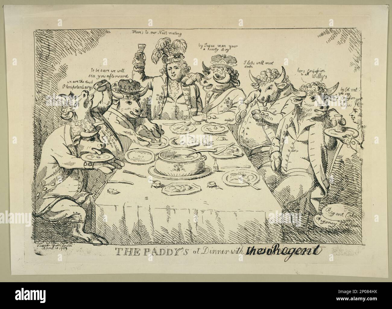 The paddy's at dinner with Puddinghead the Regent. British Cartoon Prints 580196Collection . George,IV,King of Great Britain,1762-1830. , Eating & drinking,England,1780-1790. , Bulls,1780-1790. , Politics & government,England,1780-1790. Stock Photo