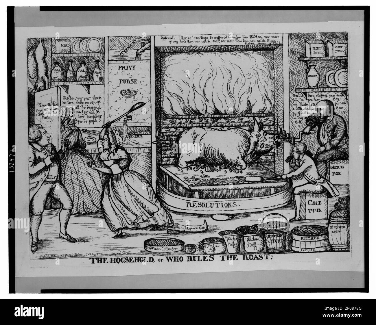 The Household, or who rules the roast!. British Cartoon Prints Collection . George,IV,King of Great Britain,1762-1830. , Bulls,England,1780-1790. , Cookery,England,1780-1790. , Treasuries,England,1780-1790. , Kitchens,England,1780-1790. Stock Photo