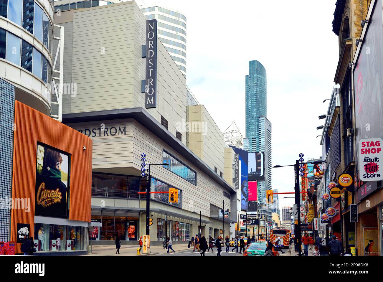 Toronto, Canada - March 29, 2017:  Section of Yonge Street featuring the Nordstrom store, now the anchor store in the Eaton Centre.  It was originally Stock Photo