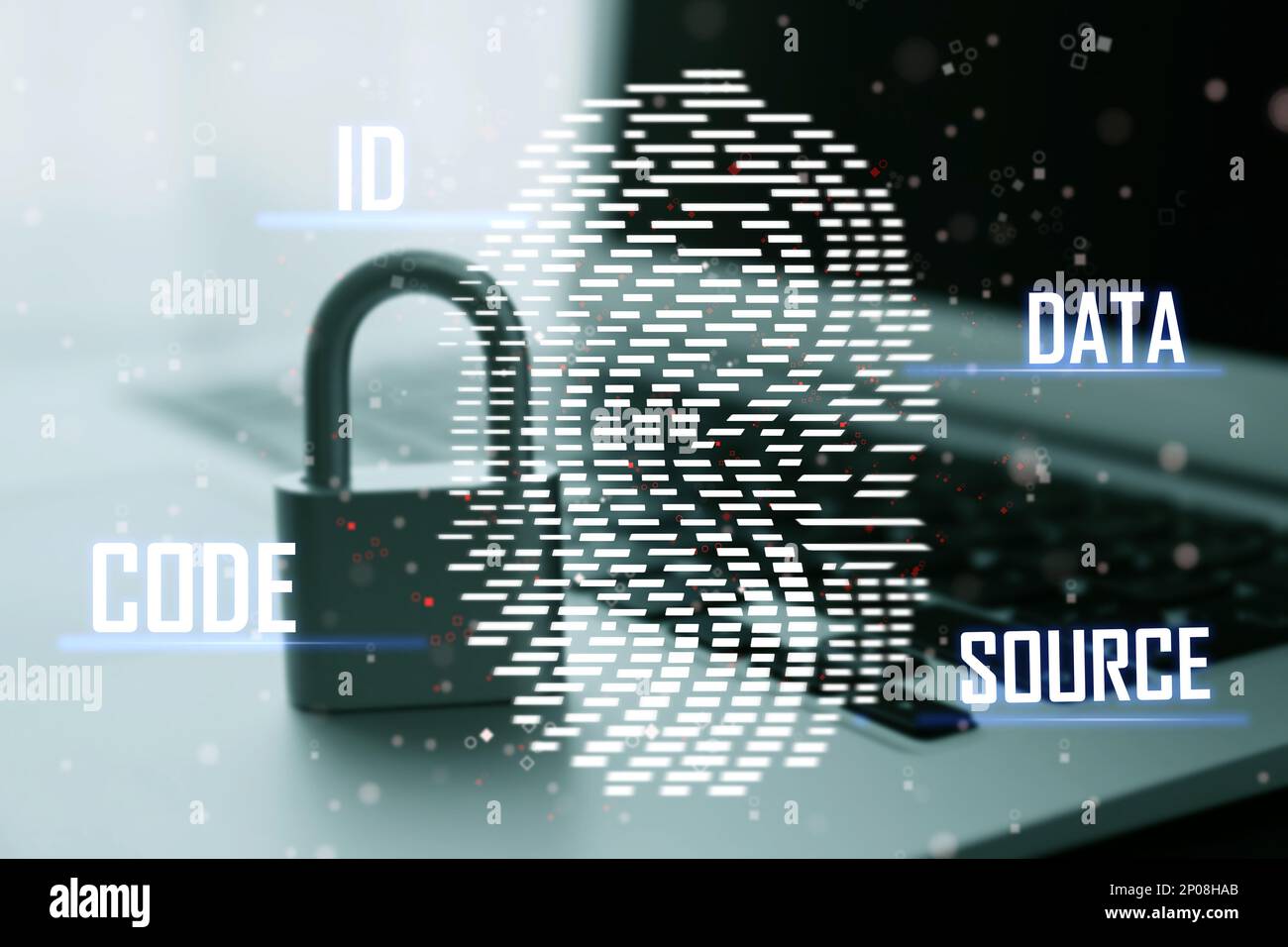 Fingerprint identification. Metal lock and laptop, closeup Stock Photo