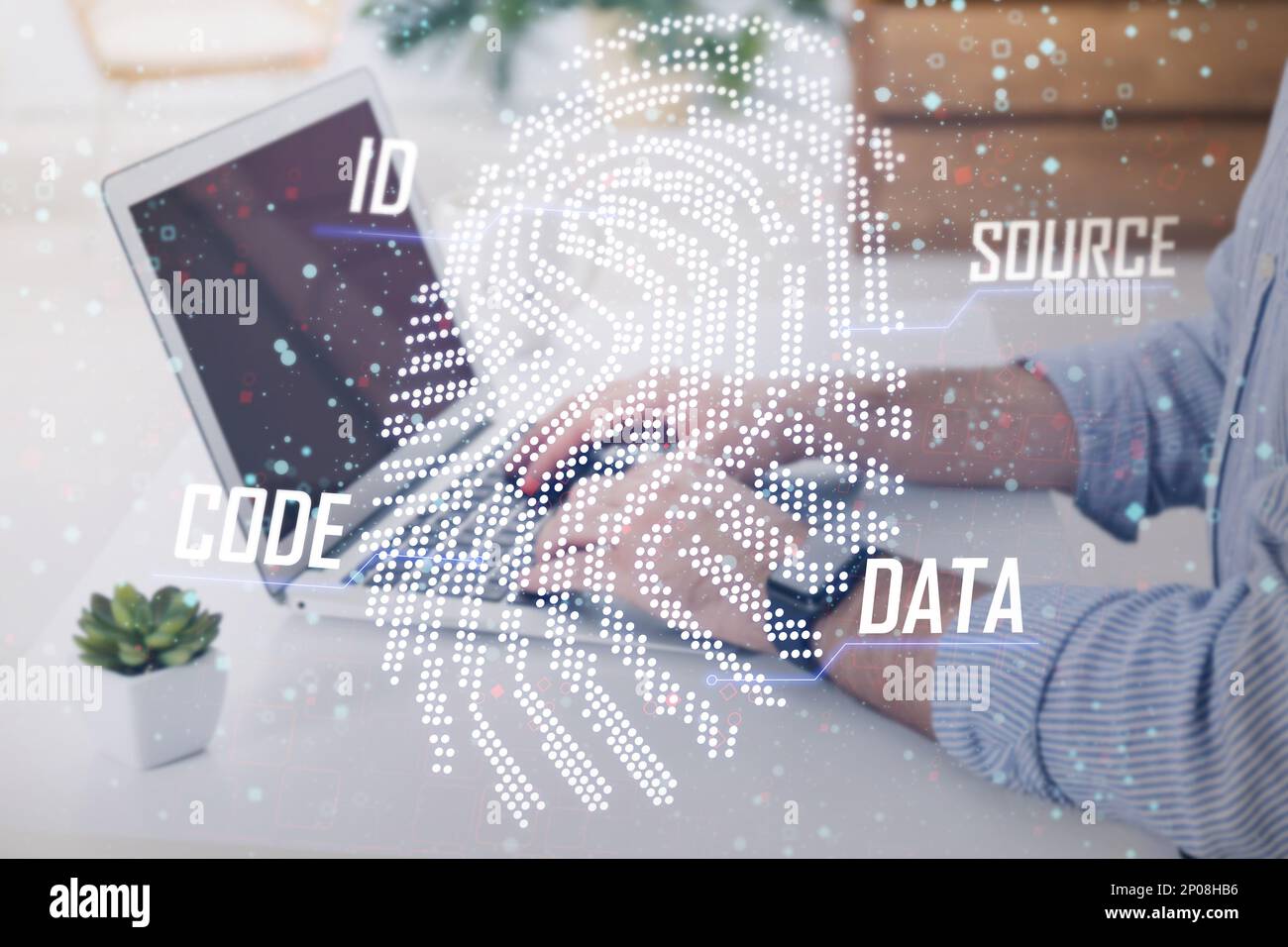 Fingerprint identification. Man working on laptop at table in office, closeup Stock Photo