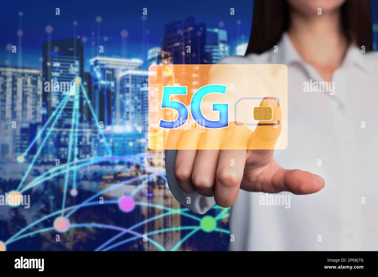 Woman demonstrating 5G SIM card model and cityscape with connection lines on background, closeup Stock Photo