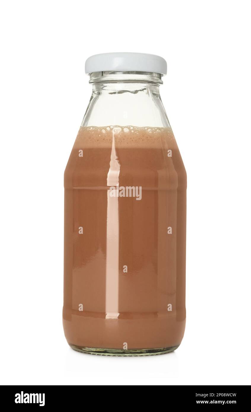 Delicious chocolate milk in glass bottle isolated on white Stock Photo