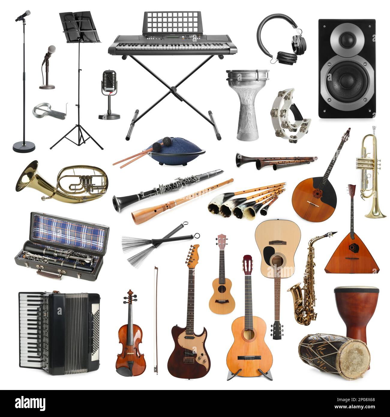 Collection of different musical instruments on white background Stock ...