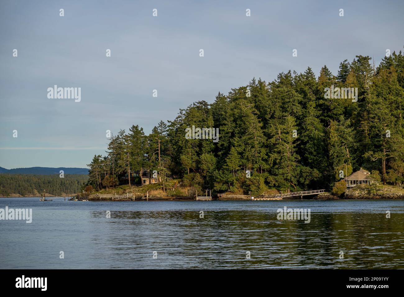 View of San Juan Island from the marina at Friday harbor on San Juan ...