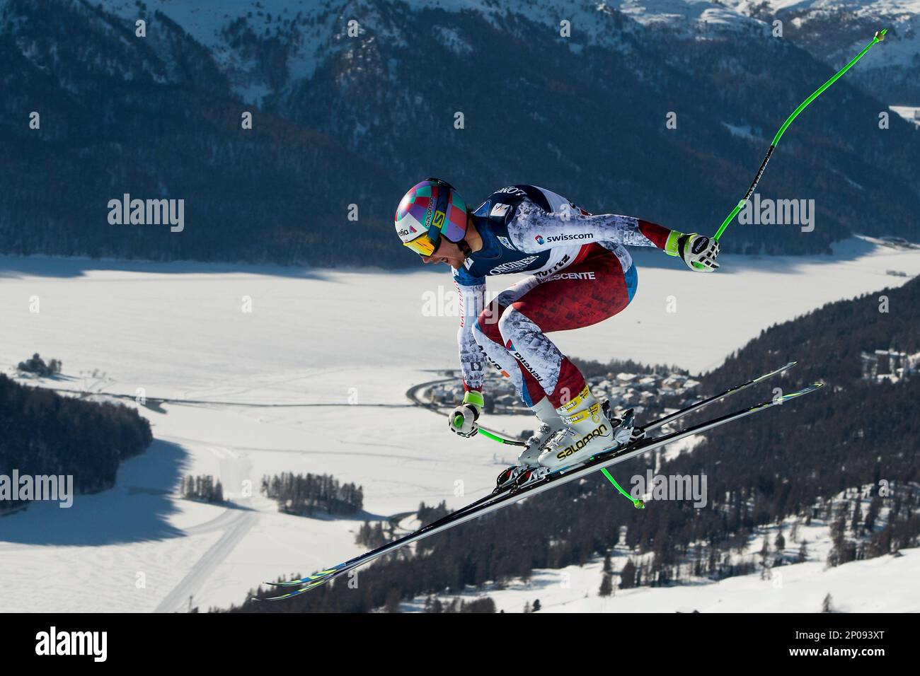 Luca Aerni Switzerland jumps during the combined downhill race at the 2017 Alpine Skiing World Championships in St. Moritz, Switzerland, Monday, Feb. 13, 2017. (Jean-Christophe Bott/Keystone via AP Stock Photo -