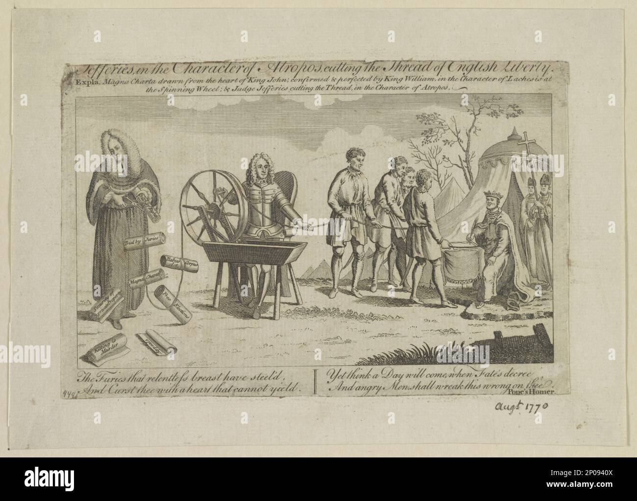Jefferies, in the character of Atropos, cutting the thread of English Liberty. British Cartoon Prints Collection . John,King of England,1167-1216. , Mansfield, William Murray,Earl of,1705-1793. , Jeffreys, George,1645-1689. , William,III,King of England,1650-1702. , Liberty,England,1210-1770. , Civil rights,England,1210-1770. , Spinning apparatus,England,1690-1710. , Atropos,(Greek deity) , Fates (Mythology) Stock Photo