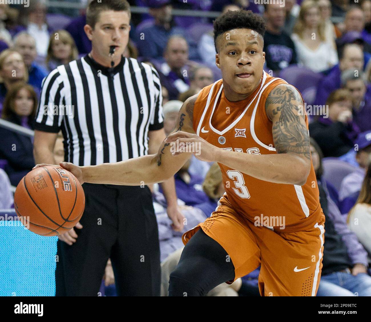 FORT WORTH, TX - FEBRUARY 04: Texas Longhorns forward Jarrett Allen (#31)  shoots a free throw during the Big 12 college basketball game between the  TCU Horned Frogs and the Texas Longhorns