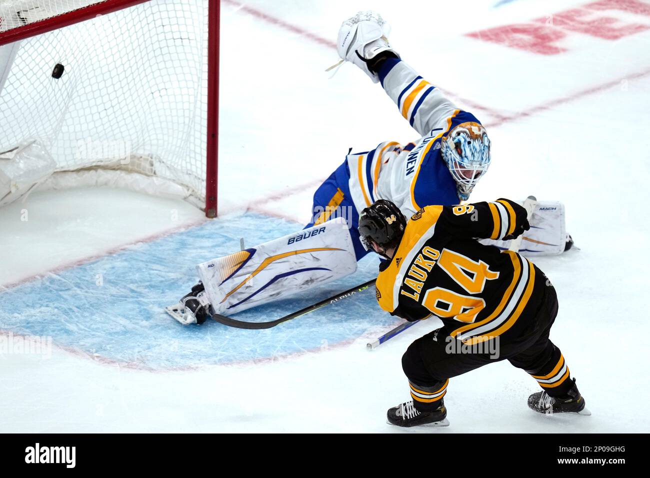 Boston Bruins Forward Jakub Lauko (94) Scores Against Buffalo Sabres ...