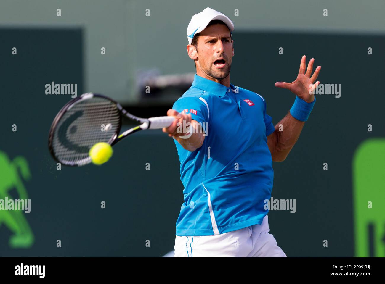 March 27, 2016: Novak Djokovic, of Serbia, in action against Joao Sousa, of  Portugal, during Day 7 at the Miami Open presented by Itau international  tennis tournament at Crandon Park Tennis Center