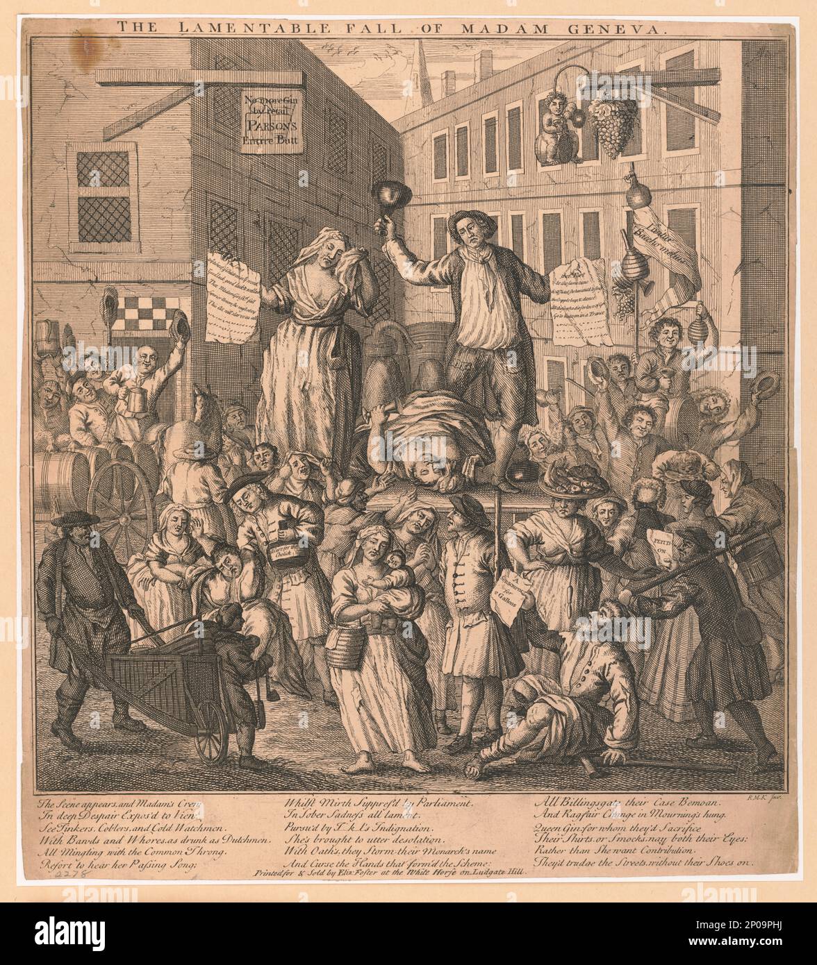 The lamentable fall of Madam Geneva   R.M.K. inv.. British Cartoon Prints Collection . Intoxication,1730-1740. , Temperance,England,London,1730-1740. , Taxes,England,London,1730-1740. Stock Photo