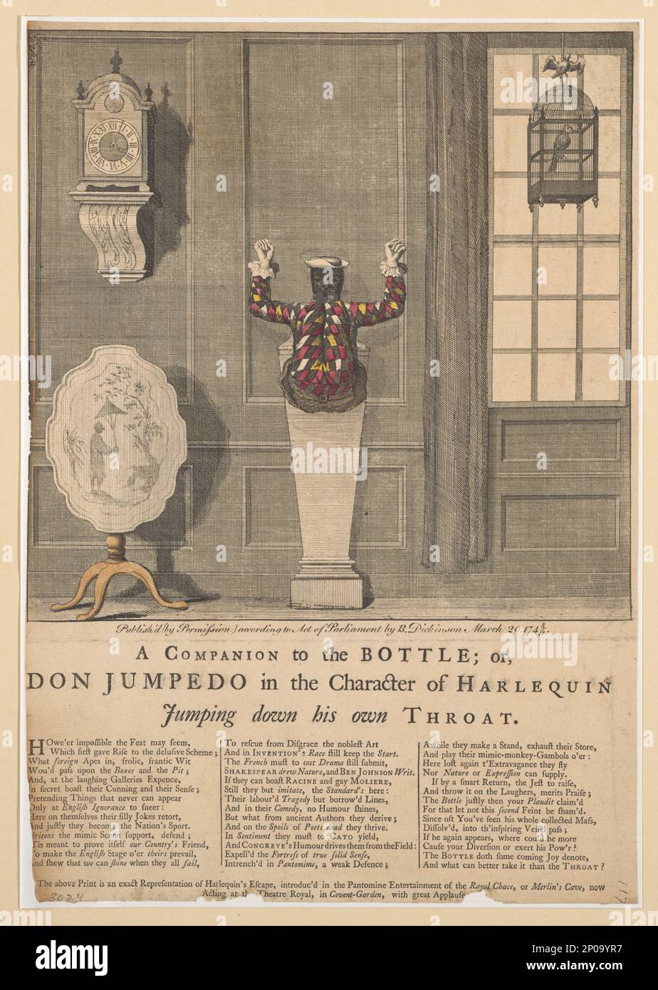 A companion to the bottle; or, Don Jumpedo in the character of Harlequin jumping down his own throat. British Cartoon Prints Collection , Catalogue of prints and drawings in the British Museum. Division I, political and personal satires / prepared by Frederic George Stephens, v. 3, no. 3024, Forms pBritish Cartoon Prints Collection . Black people,1740-1750. , Harlequin (Fictitious character) , Fools & jesters,1740-1750. , Magic,1740-1750. Stock Photo