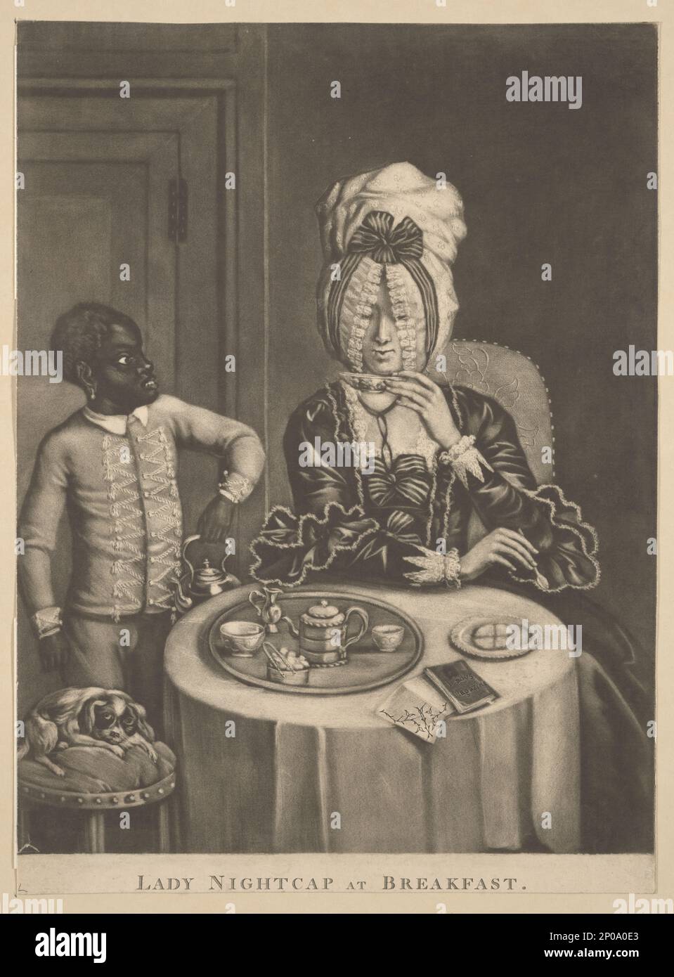 Lady nightcap at breakfast. British Cartoon Prints Collection , Most images available on microfilm, "British Political and Social Cartoons, 1655-1832, not in the British Museum," produced by the Library of Congress Photoduplication Service, 1970 (Microfilm LOT 12022). Unpublished checklist provides captions for images on microfilm. Black people,Children,1770-1780. , Women,Clothing & dress,1770-1780. , Servants,1770-1780. , Eating & drinking,1770-1780. , Tea,1770-1780. , Dogs,1770-1780. Stock Photo