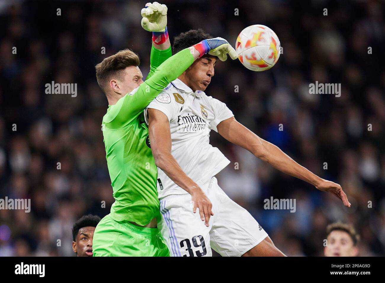 Madrid, Spain. 02nd Mar, 2023. Alvaro Rodriguez (R) of Real Madrid and Marc-Andre Ter Stegen (L) of FC Barcelona seen in action during the Spanish football King's Cup semifinal match between Real Madrid CF and Fc Barcelona at the Santiago Bernabeu Stadium.Final score; Real Madrid 0:1 FC Barcelona Credit: SOPA Images Limited/Alamy Live News Stock Photo