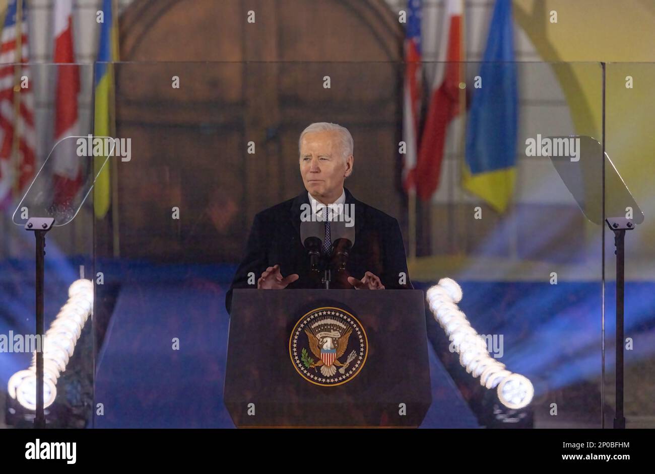 WARSAW, POLAND – February 21, 2023: President Joe Biden delivers a speech on the war in Ukraine at the Gardens of the Royal Castle in Warsaw. Stock Photo
