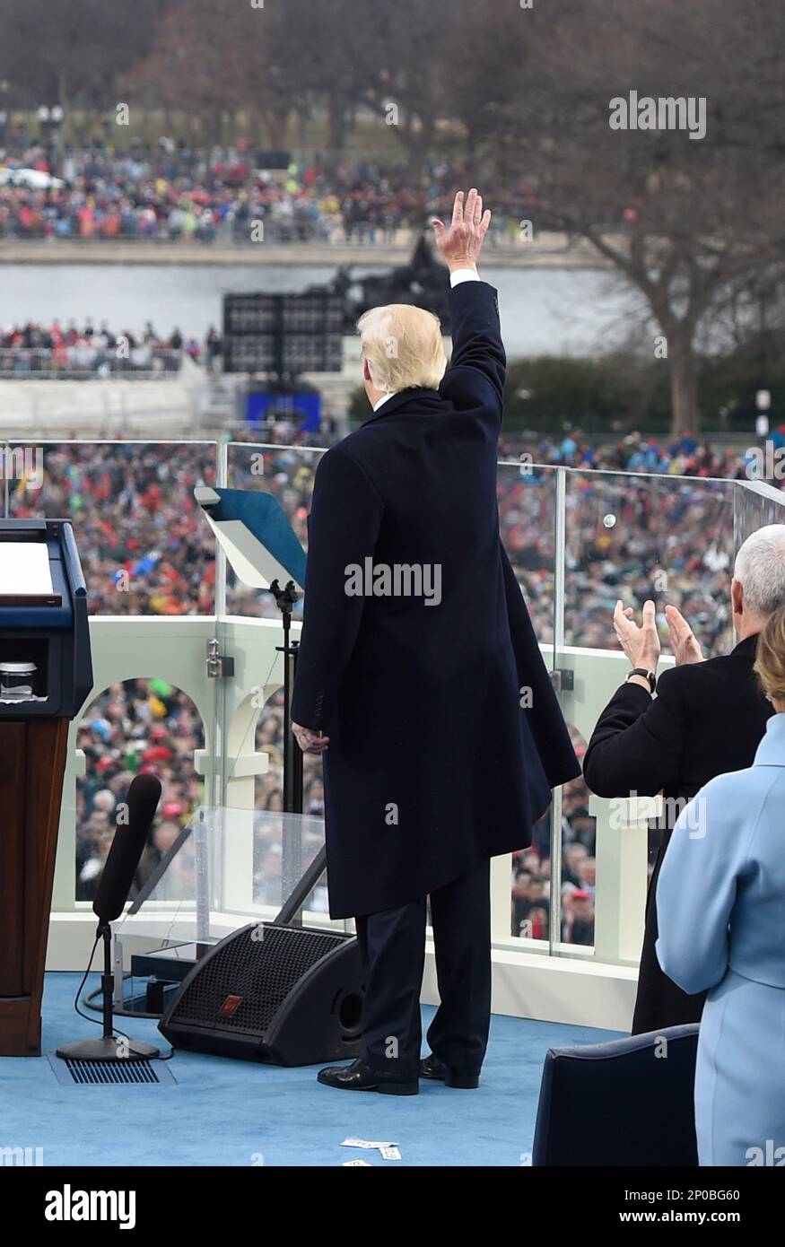 US President Donald Trump waves after his speech during the ...