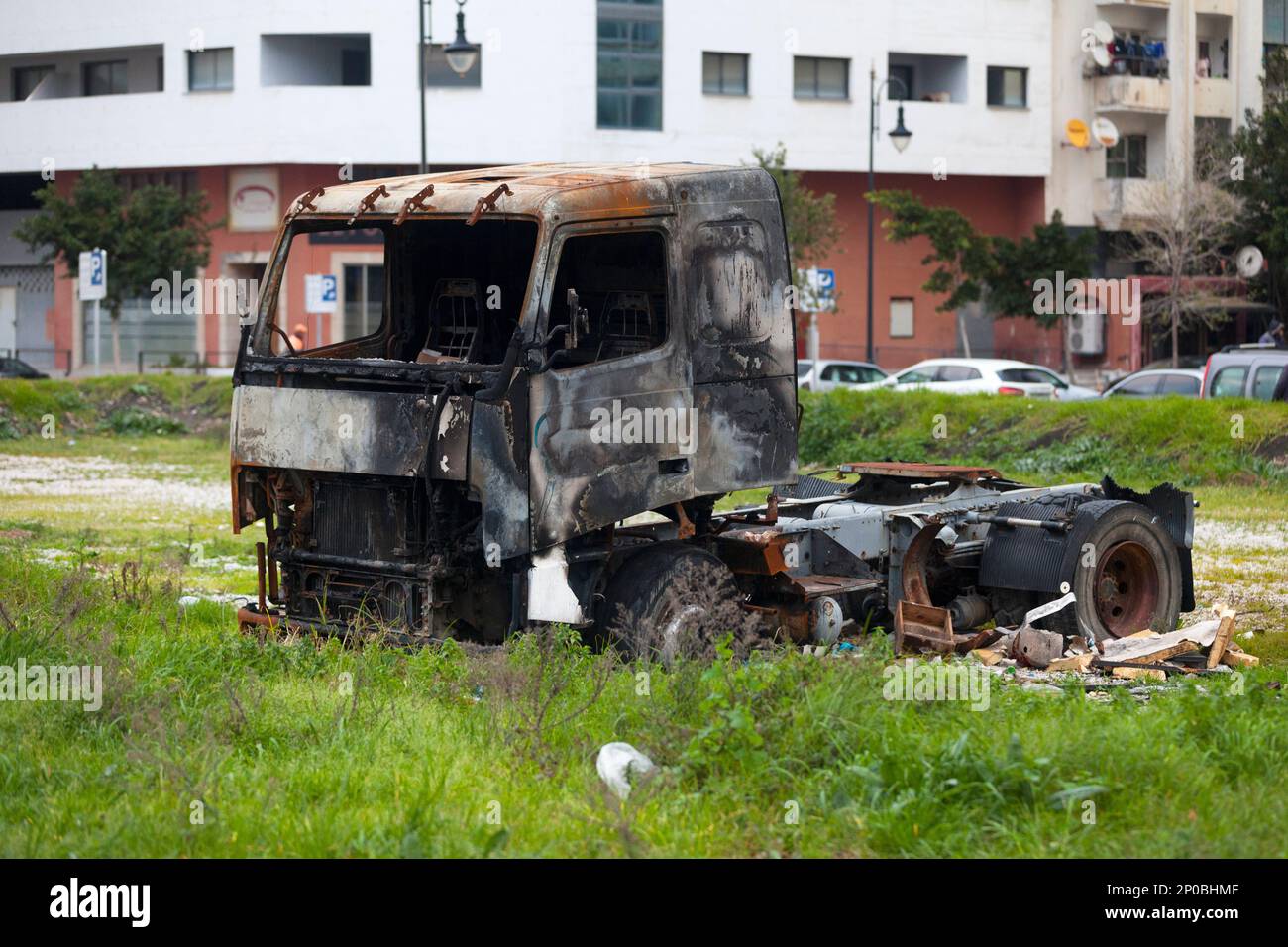 Cab-over truck burnt by a pyromaniac. Stock Photo
