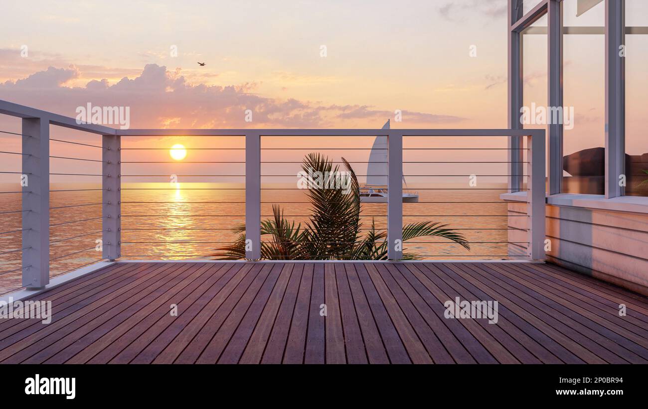 Balcony Rendering Outdoor seaside wooden balcony deck and beautiful sea view on sunset ...