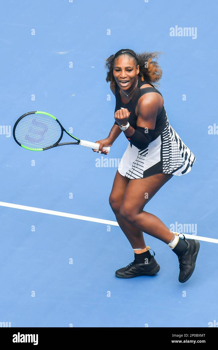 January 17, 2017: Serena Williams of United States of America celebrates  after winning a 1st round match against Belinda Bencic of Switzerland in  the 2017 Australian Open Grand Slam tennis tournament in