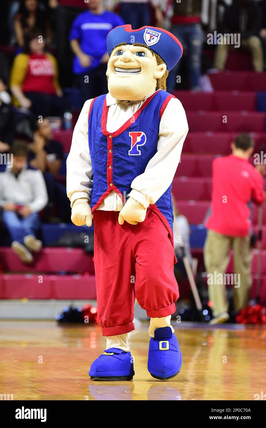 PHILADELPHIA, PA - JANUARY 13: Pennsylvania Quakers mascot performs during  a NCAA basketball game between the Yale Bulldogs and the Penn Quakers on  January 13, 2017, at the Palestra in Philadelphia, PA.