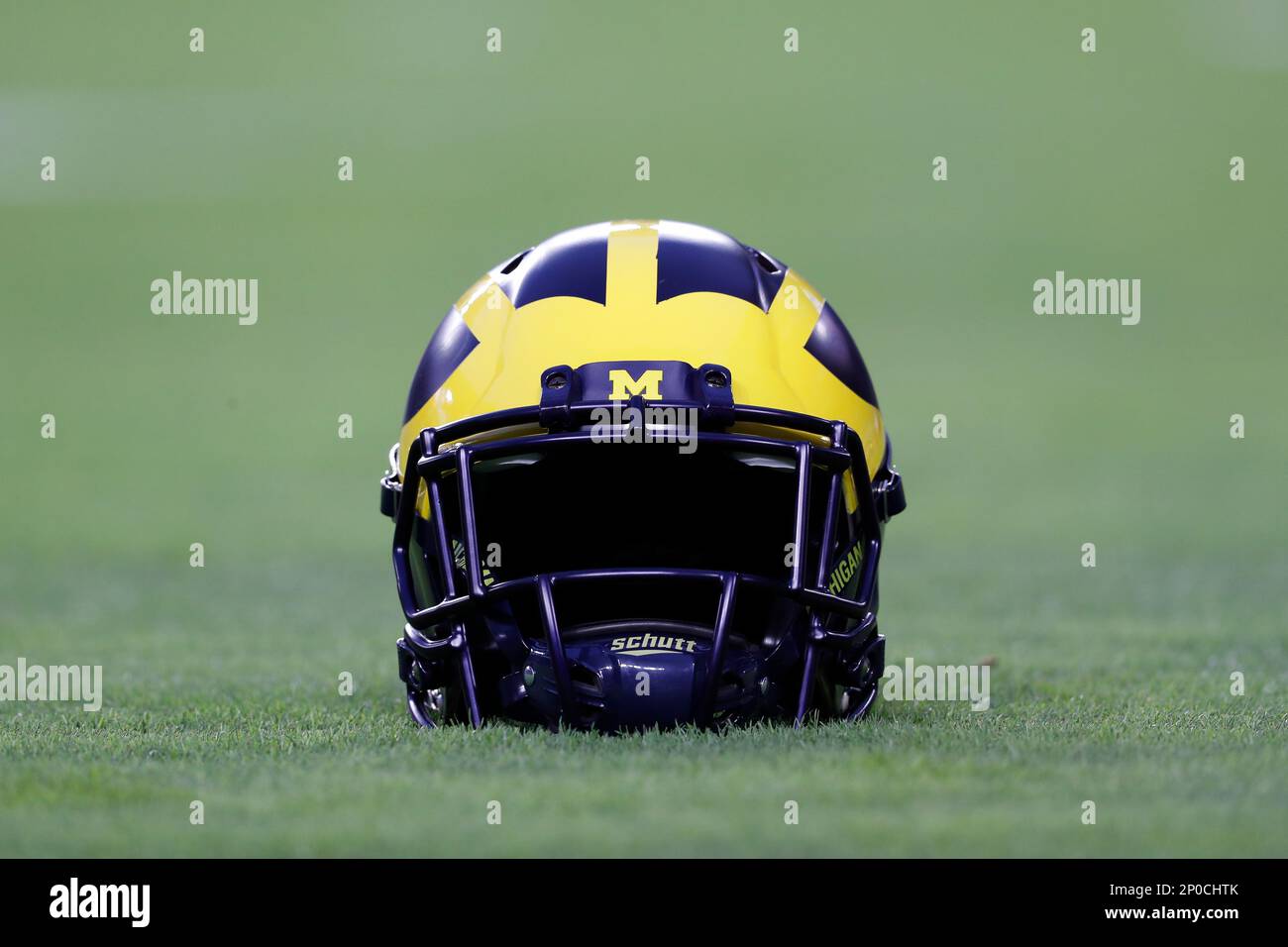 A detail view of a University of Michigan Wolverines helmet prior to the  Orange Bowl NCAA college football game against the Florida State University  Seminoles on Friday, Dec. 30, 2016, in Miami
