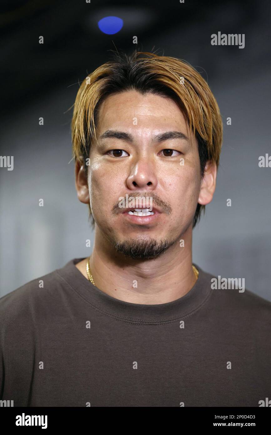 St. Petersburg, Florida. 02/03/2023, Kenta Maeda of the Minnesota Twins  meets the press after pitching in a spring training game against the Tampa  Bay Rays on March 2, 2023, in St. Petersburg