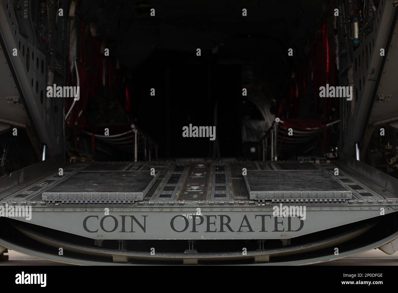 The CH-47 Chinook Helicopter “Coin Operated” located at Marshall Air Field on Fort Riley, Kansas, Jan. 26, 2023. Chinook’s are often used to transport soldiers and equipment long distances across the battlefield or operations area. Stock Photo