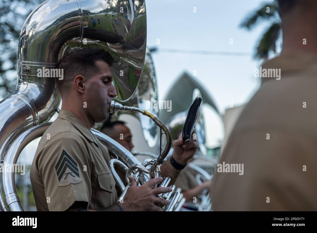 A U.S. Marine performs for attendees during a live concert for the local community at Plaza de Espana, Hagatna, Guam, Jan. 23, 2023. The MARFORPAC Band participated in multiple community engagements during their visit to Guam as part of the Naval Support Activity, Marine Corps Base Camp Blaz Reactivation and Naming Ceremony. In order to encourage music education and showcase the vibrant history and tradition of military music, the band is active in providing clinics and concerts for the communities they serve. The MARFORPAC Band performs throughout the Indo-Pacific at more than 400 commitments Stock Photo